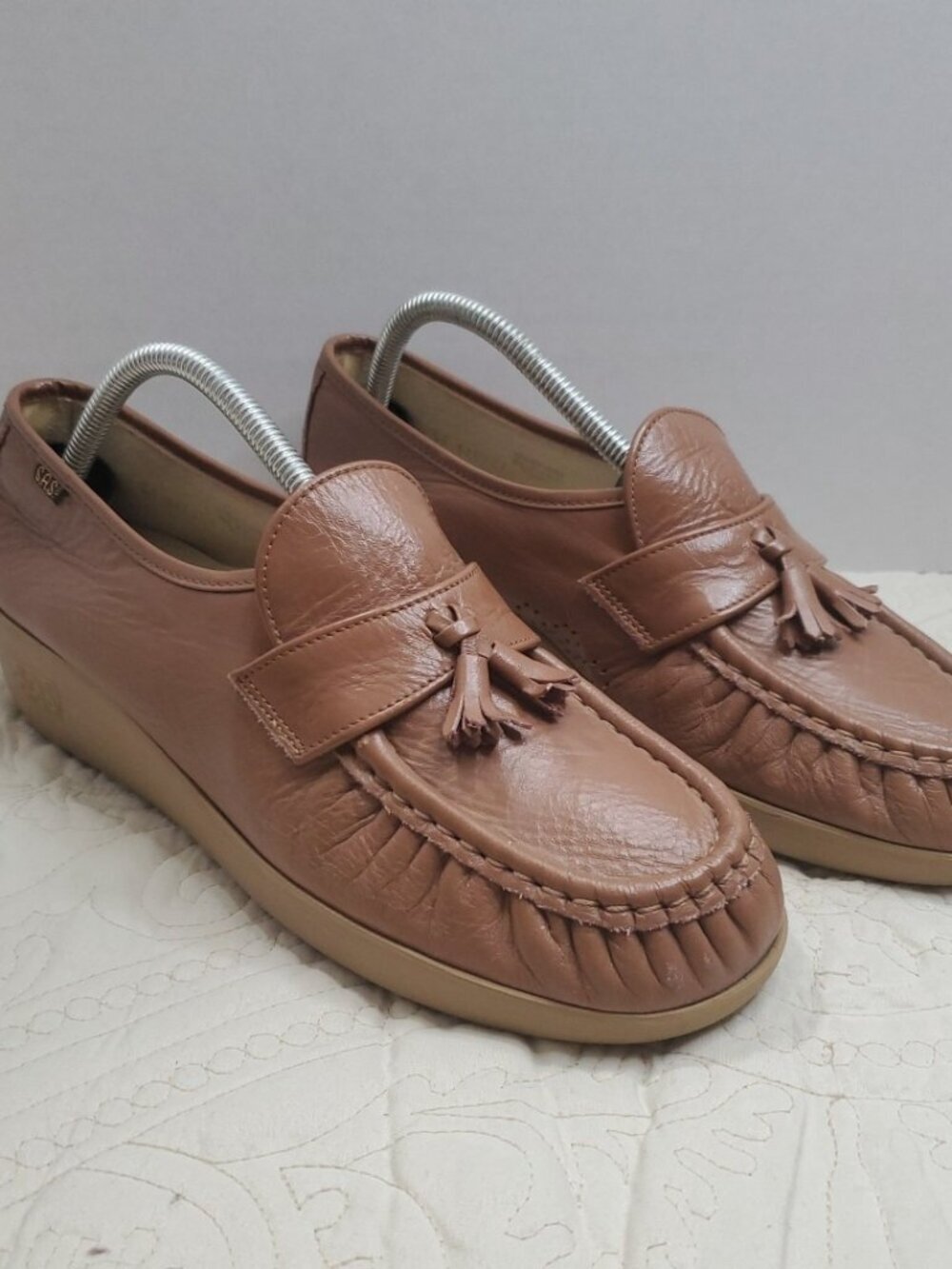 SAS Womens Brown Leather Wedge Loafer Teasel Sz 11 N Slip-On Made In USA Casual